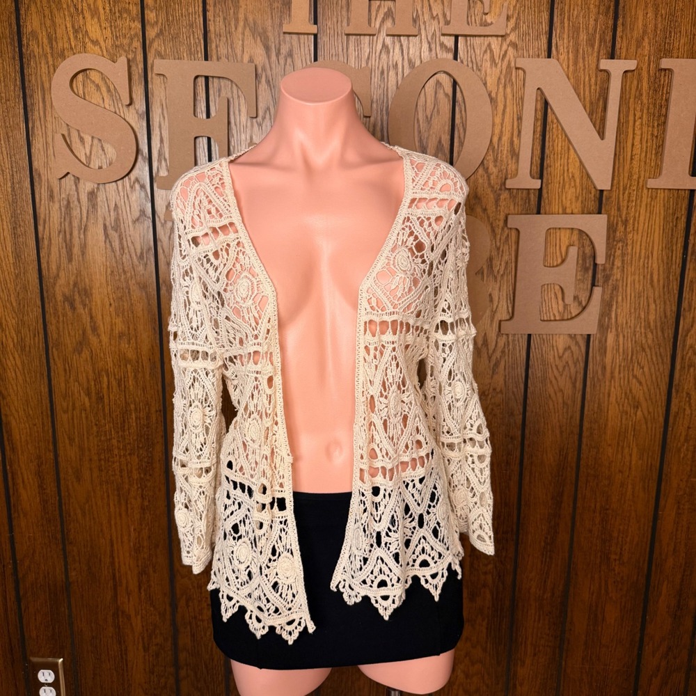 Boho Cream Crochet Lace Cardigan Cato S 70s Western Open Front Top Cottagecore